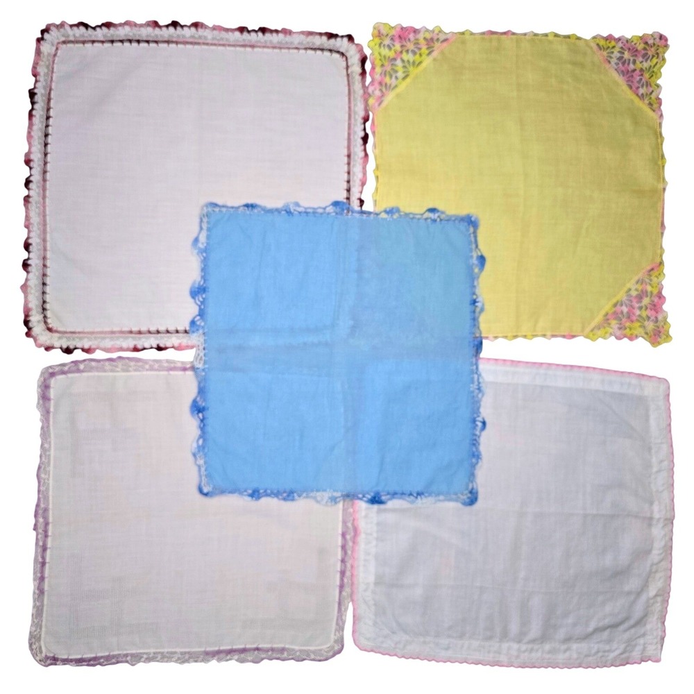 Vintage Hankie Lot Pastel‎ Lace Trim Crochet Edge Handkerchiefs 1930s 1940s